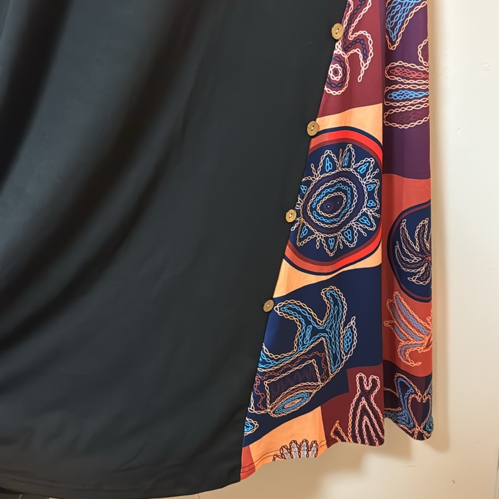 Long Black Knit dress 3/4 Sleeve with Colorful Print Insert Button Detail Size L - Picture 3 of 11